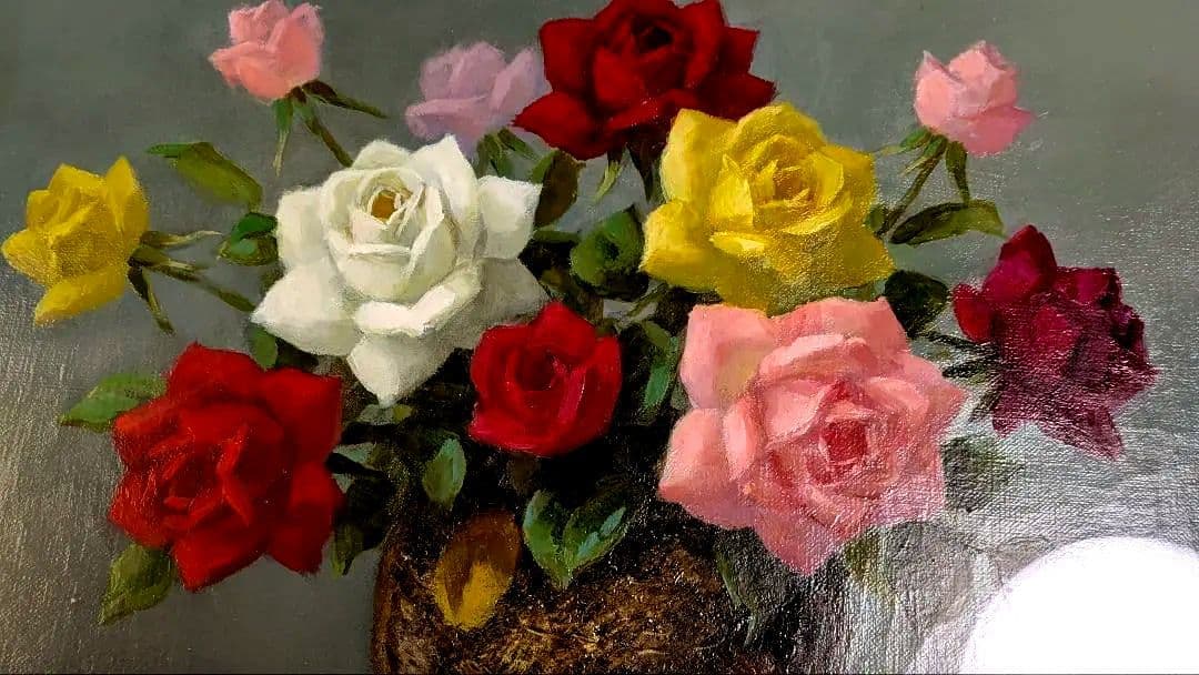 レ*イ様 油彩画 F8号 備前と薔薇田村一 筆 キャンバス木枠貼 額装