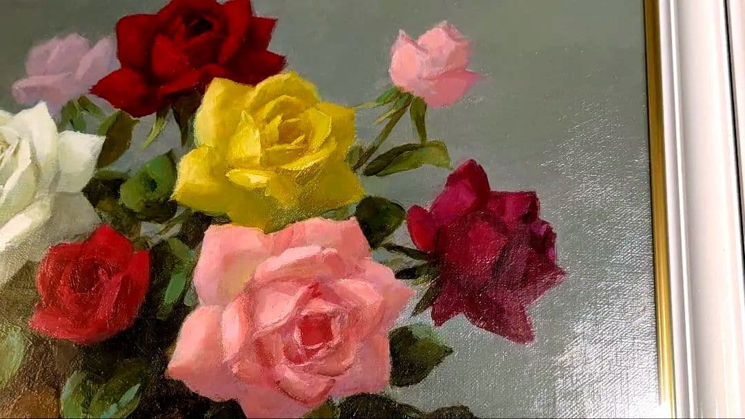 レ*イ様 油彩画 F8号 備前と薔薇田村一 筆 キャンバス木枠貼 額装