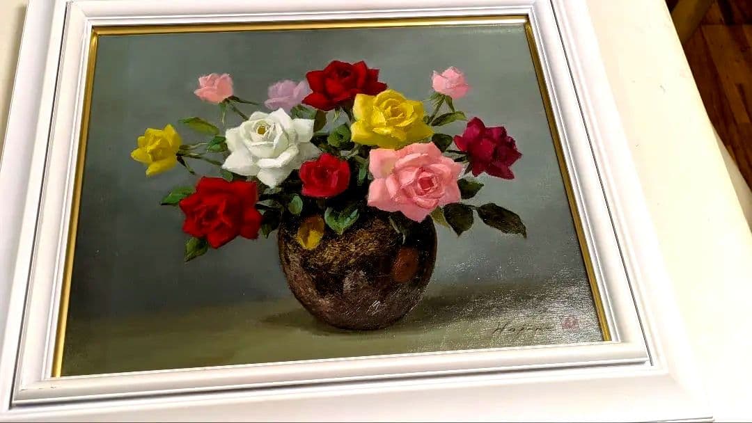 レ*イ様 油彩画 F8号 備前と薔薇田村一 筆 キャンバス木枠貼 額装
