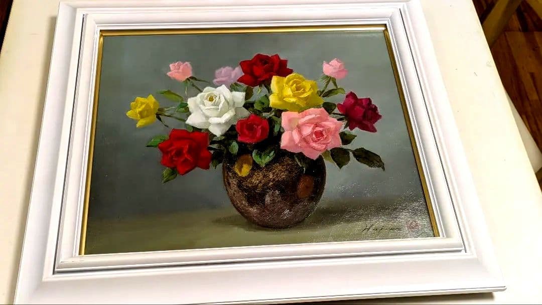 レ*イ様 油彩画 F8号 備前と薔薇田村一 筆 キャンバス木枠貼 額装