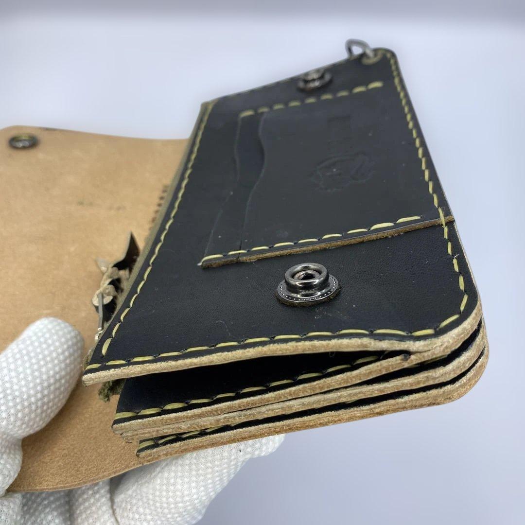週末限定 無骨なハンドメイド 丘染めブラック 3層 ロングトラッカーウォレット
