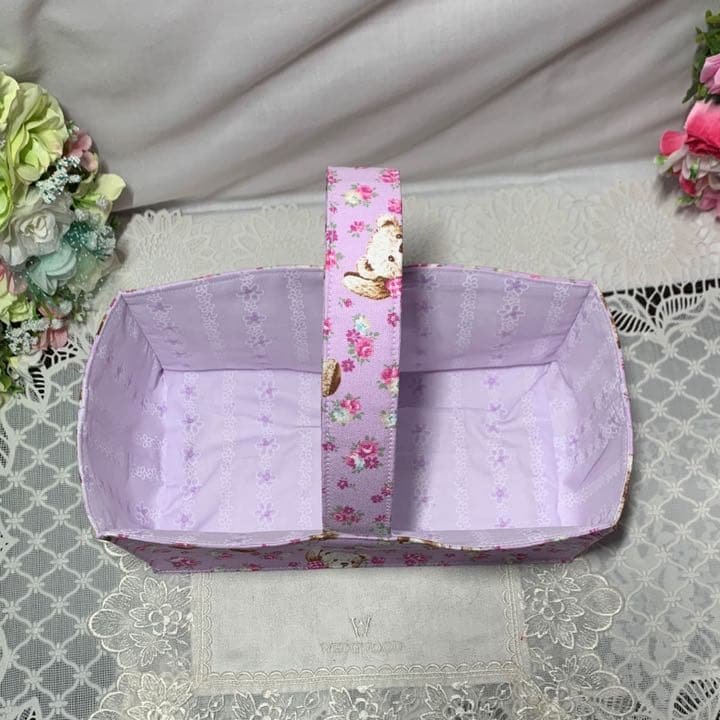 布バスケット　フラワーベア　パープル　ハンドメイド