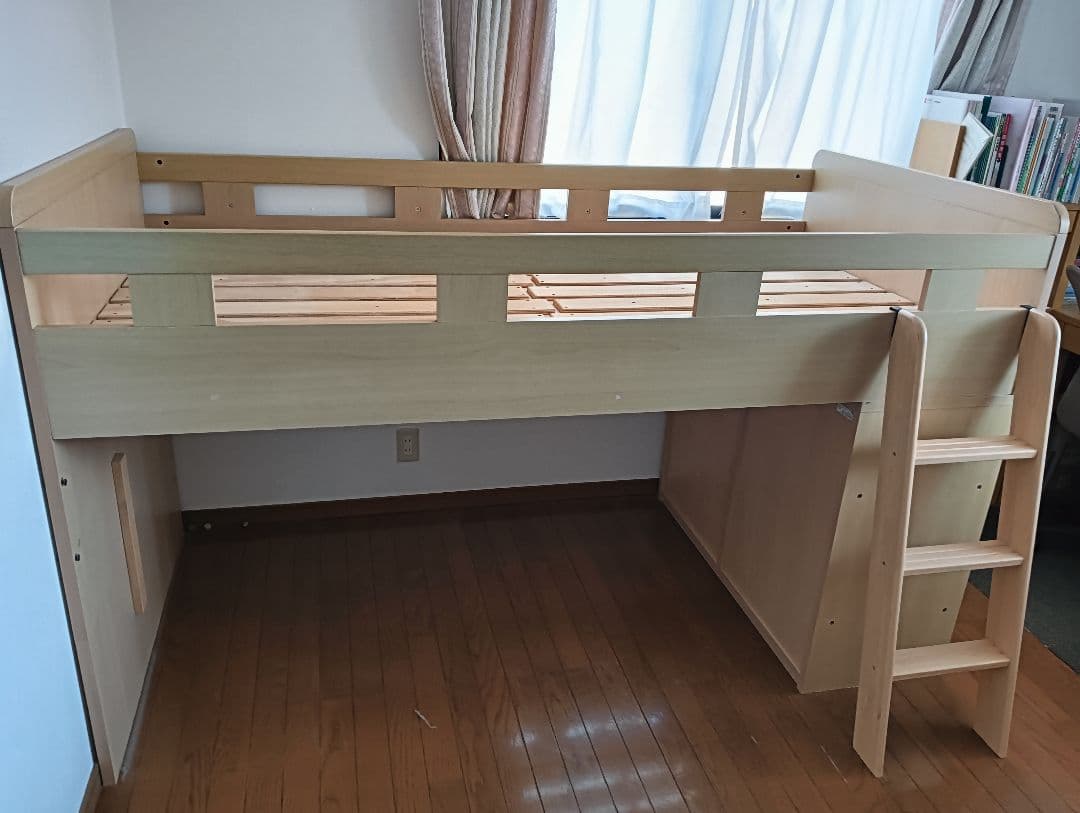木製ロフトベッド シングルサイズ 収納棚付き