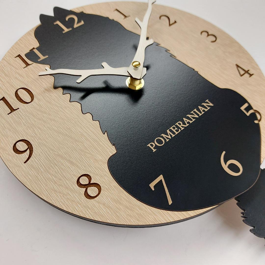 【期間限定値下げ】【静音】名入れ　しっぽ 振り子　ポメラニアン　黒　掛け時計