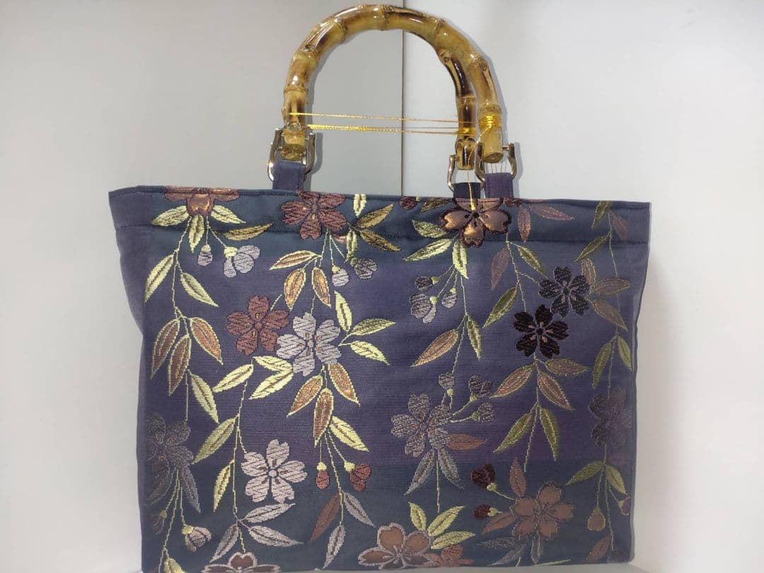 帯リメイクバンブーハンドルトートバッグ***2色の紫地に枝垂れ桜刺繍***