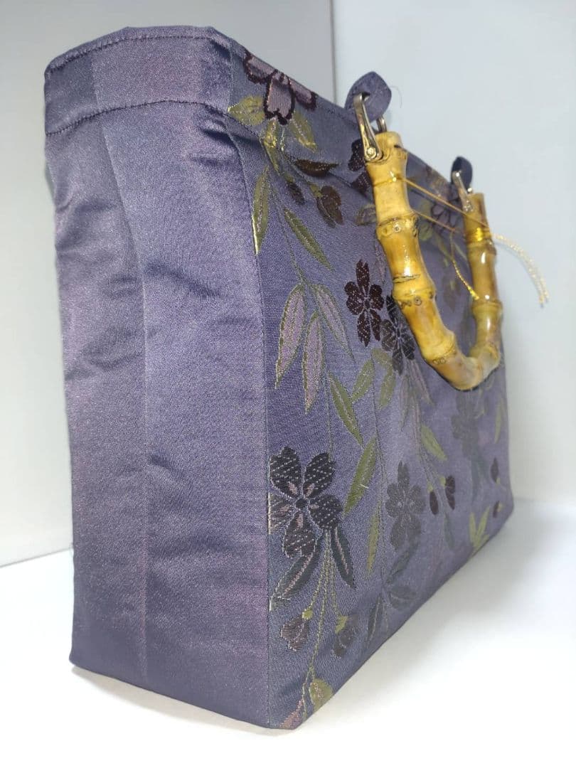 帯リメイクバンブーハンドルトートバッグ***2色の紫地に枝垂れ桜刺繍***