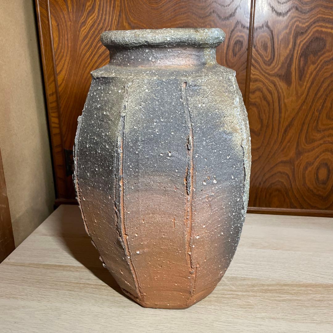 特大優品　人気陶芸家　神山清子　信楽自然釉面取花入　共箱