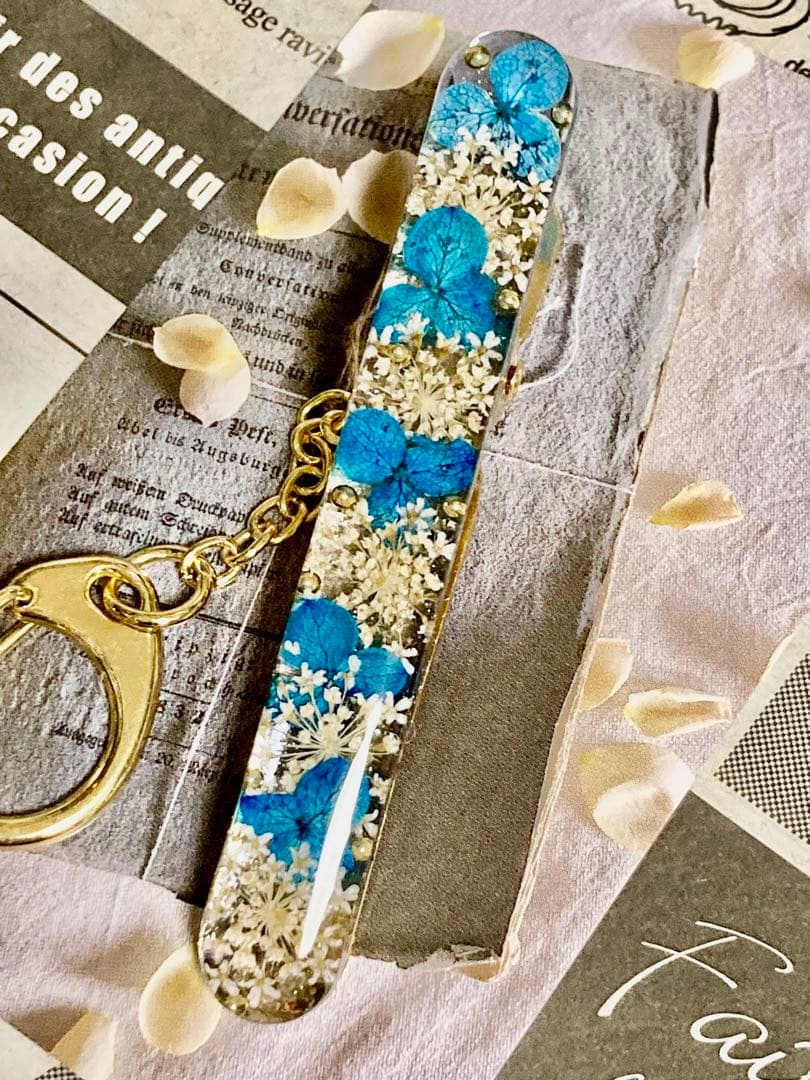 【N.574】ハンドメイド　キーチェーン 紫陽花　レースフラワー　青