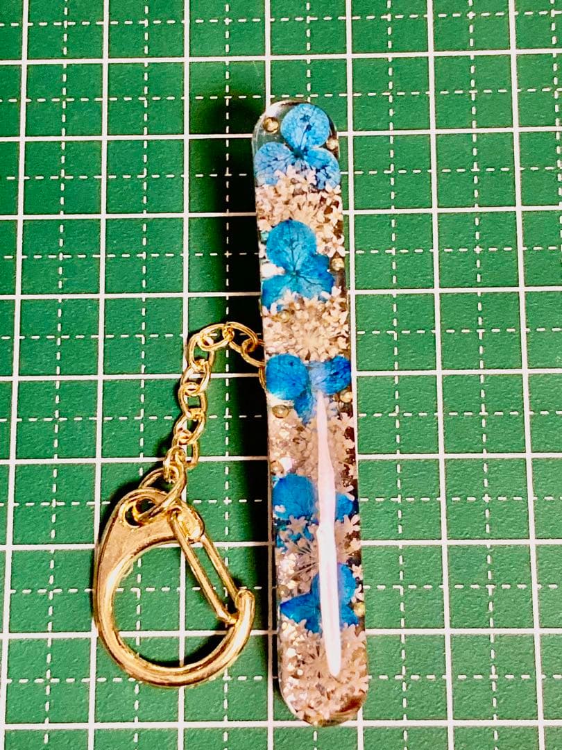 【N.574】ハンドメイド　キーチェーン 紫陽花　レースフラワー　青