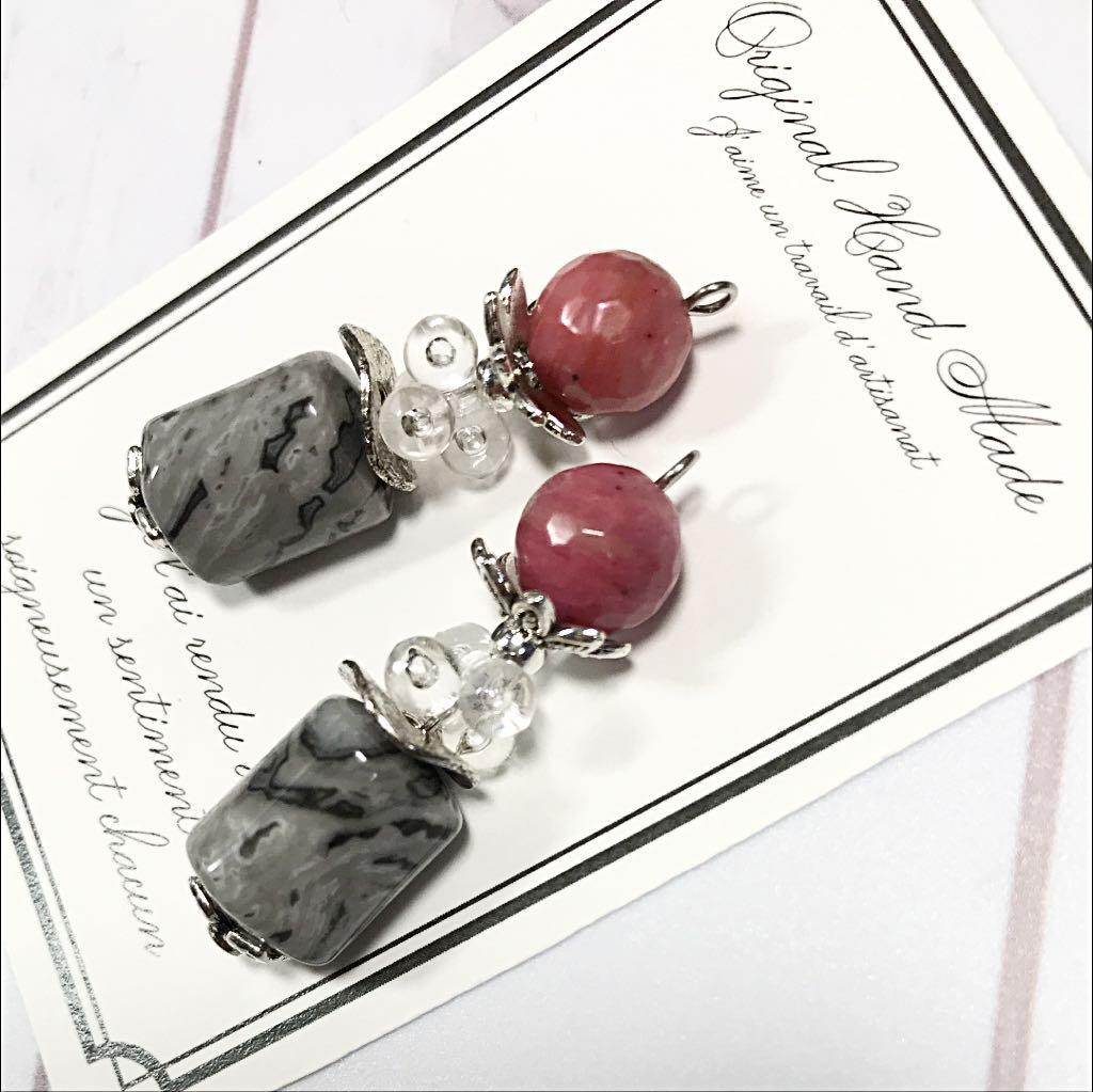 512  マーブル天然石とピーモンタイトのピアス