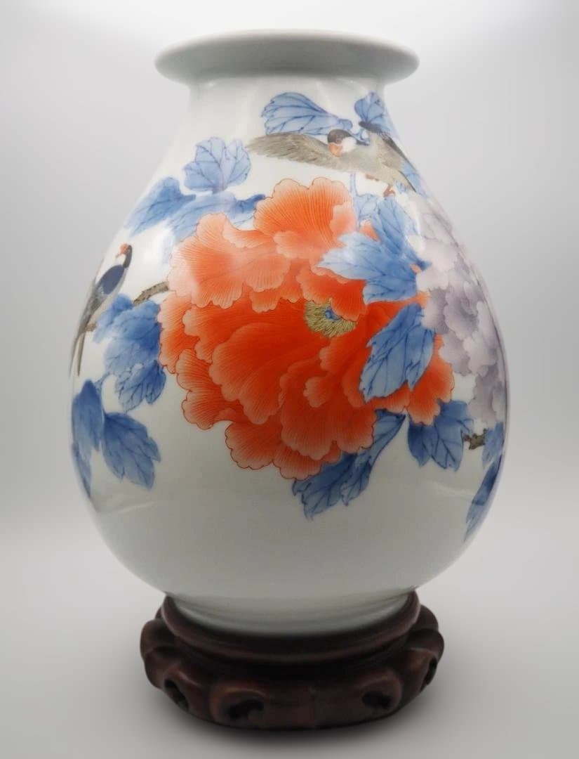 真葛香山 宮川香山 青華釉下彩花瓶 4鳥牡丹図 台付き