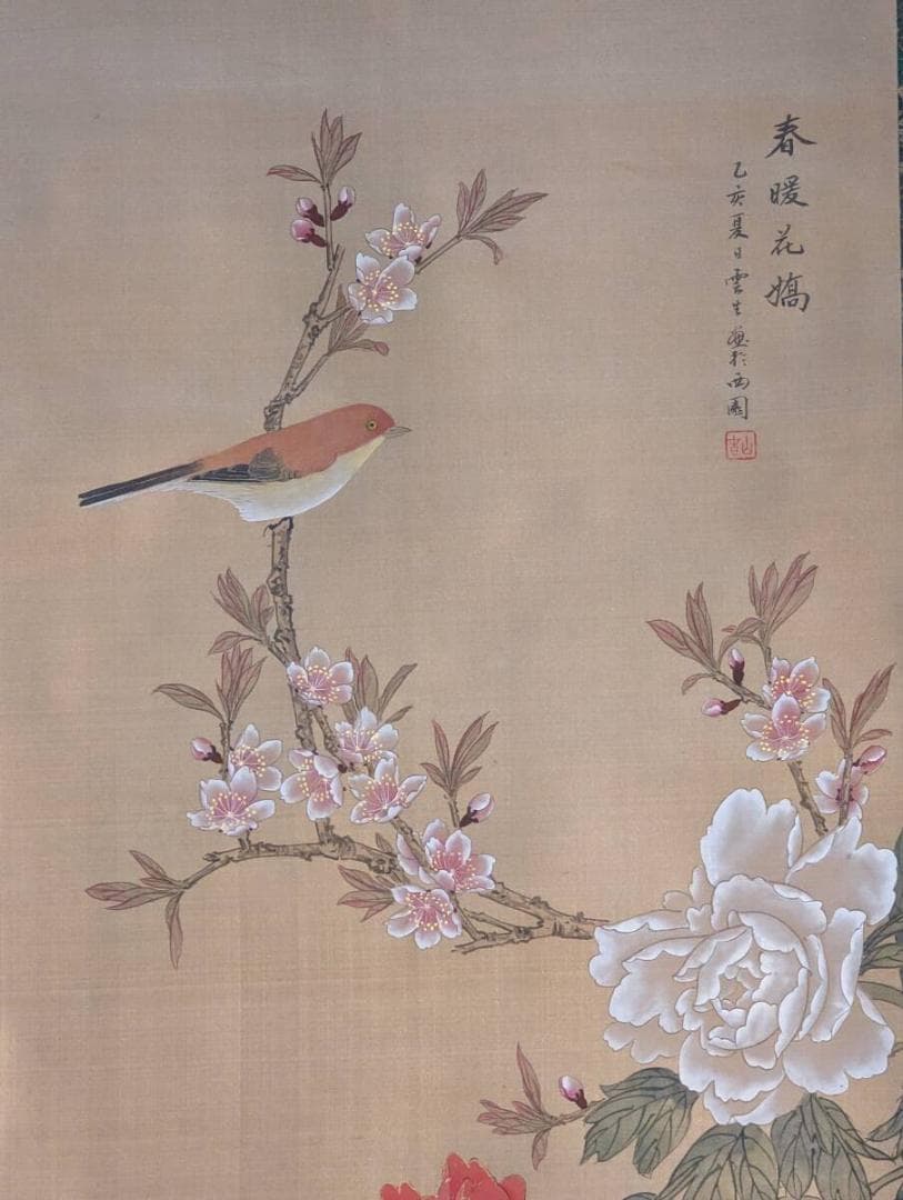 【真作】掛軸　牡丹に小禽　春暖花開　紅白牡丹と小鳥　合箱入　V185