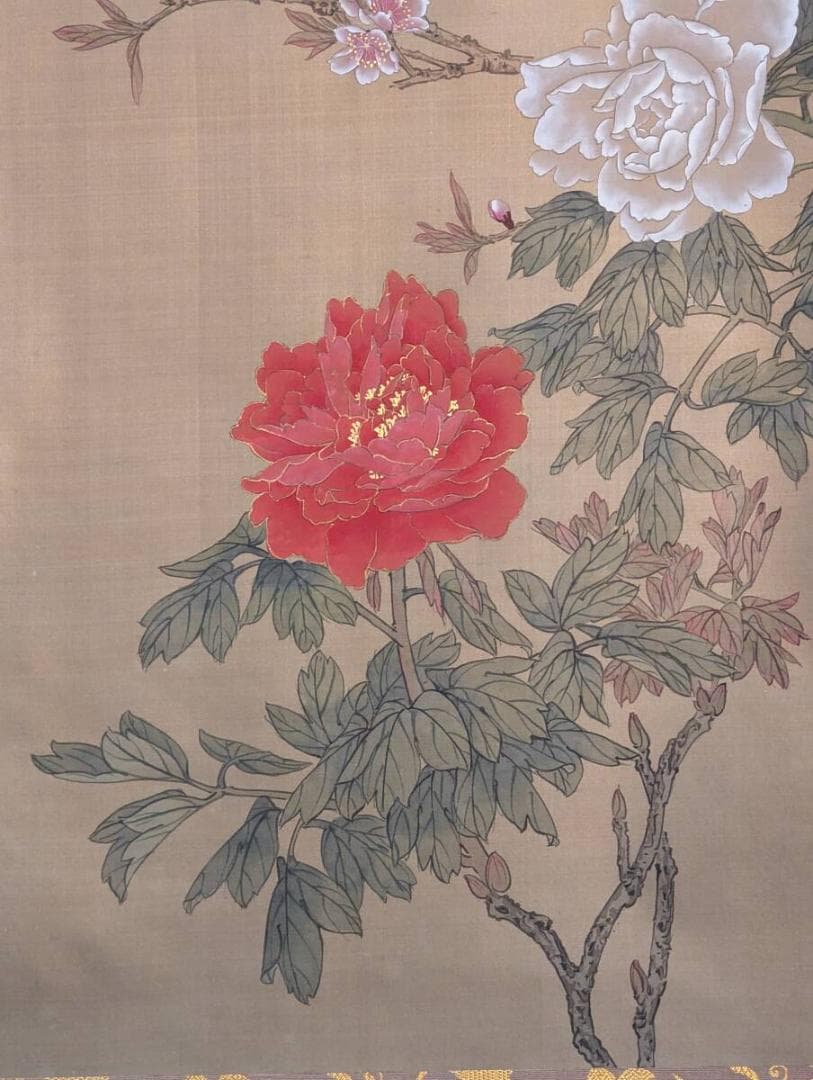 【真作】掛軸　牡丹に小禽　春暖花開　紅白牡丹と小鳥　合箱入　V185