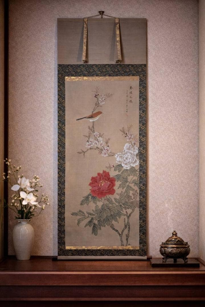 【真作】掛軸　牡丹に小禽　春暖花開　紅白牡丹と小鳥　合箱入　V185