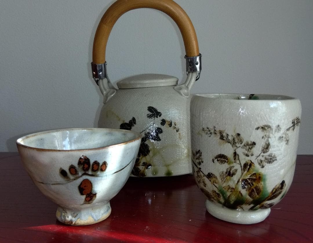 美濃焼の名工　陶芸家　山田義孝【希少美品】手書き作品急須湯呑みセット蓋取っ手無し