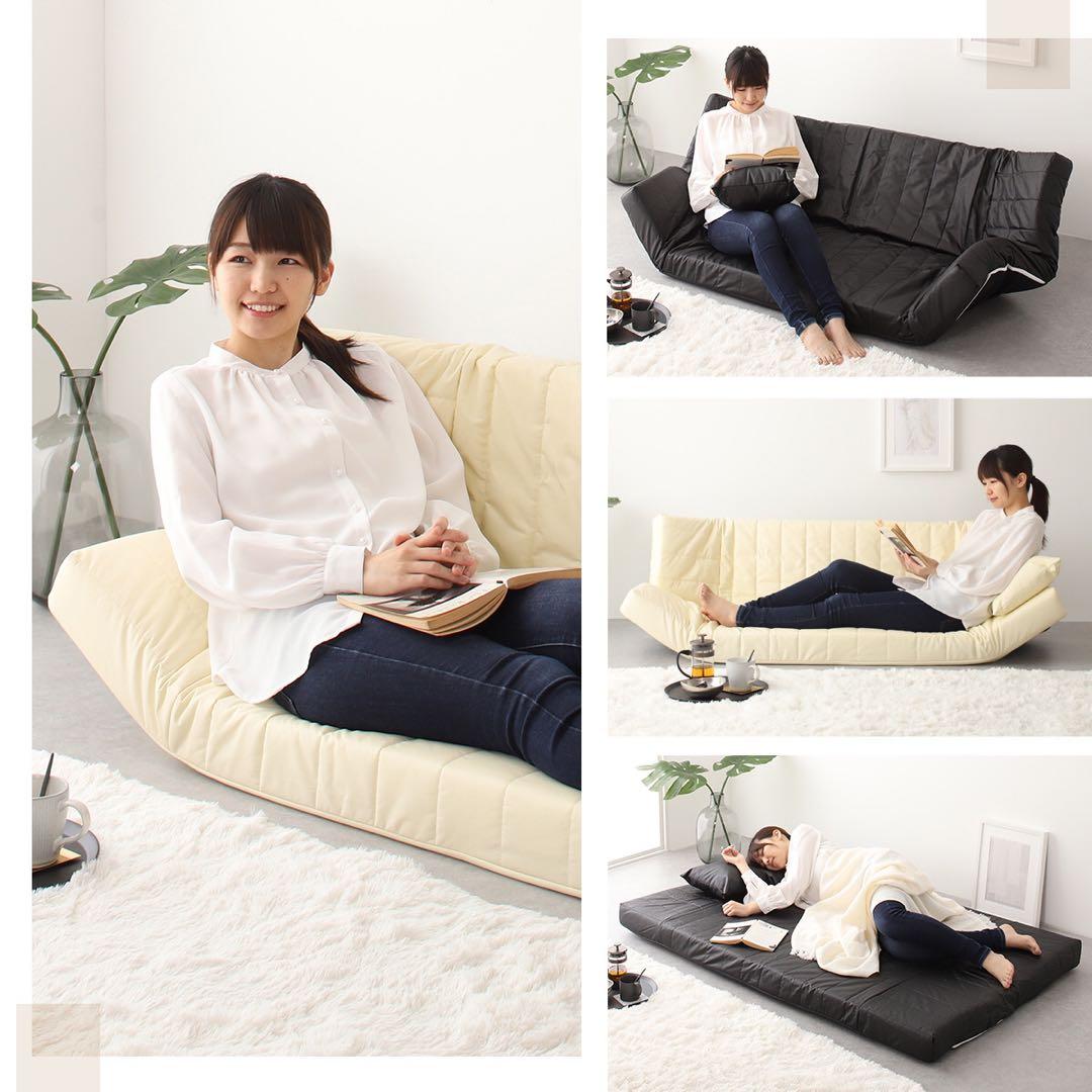 B新品 レザー ソファ ブラック 黒 リクライニング ベッド マルチ ローソファ