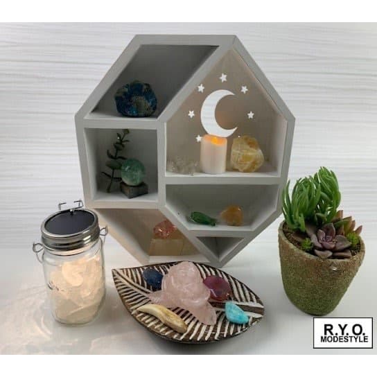 八角形　木製ラック　天然石　ムーンアンドスター