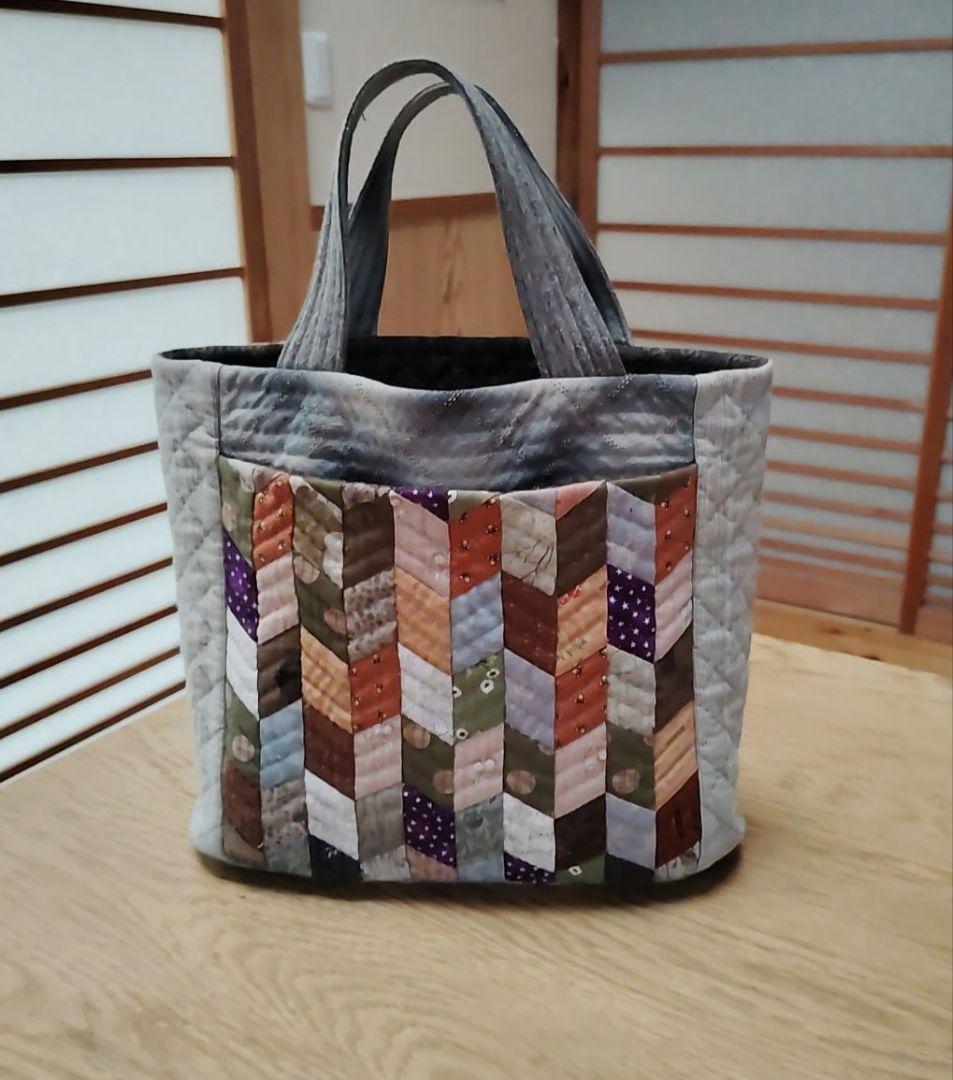 ダイヤモンド柄の手提げバッグ トートバッグ ハンドメイド キルトパーティ 和装