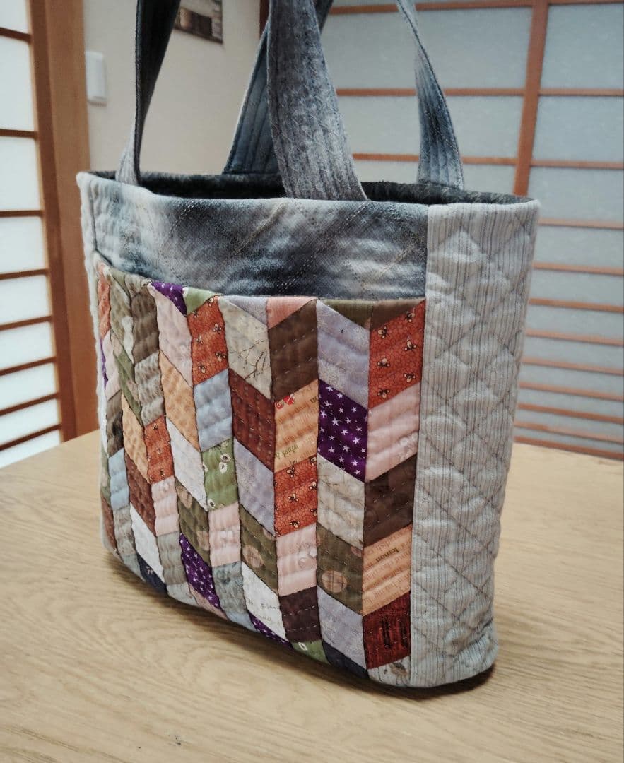 ダイヤモンド柄の手提げバッグ トートバッグ ハンドメイド キルトパーティ 和装