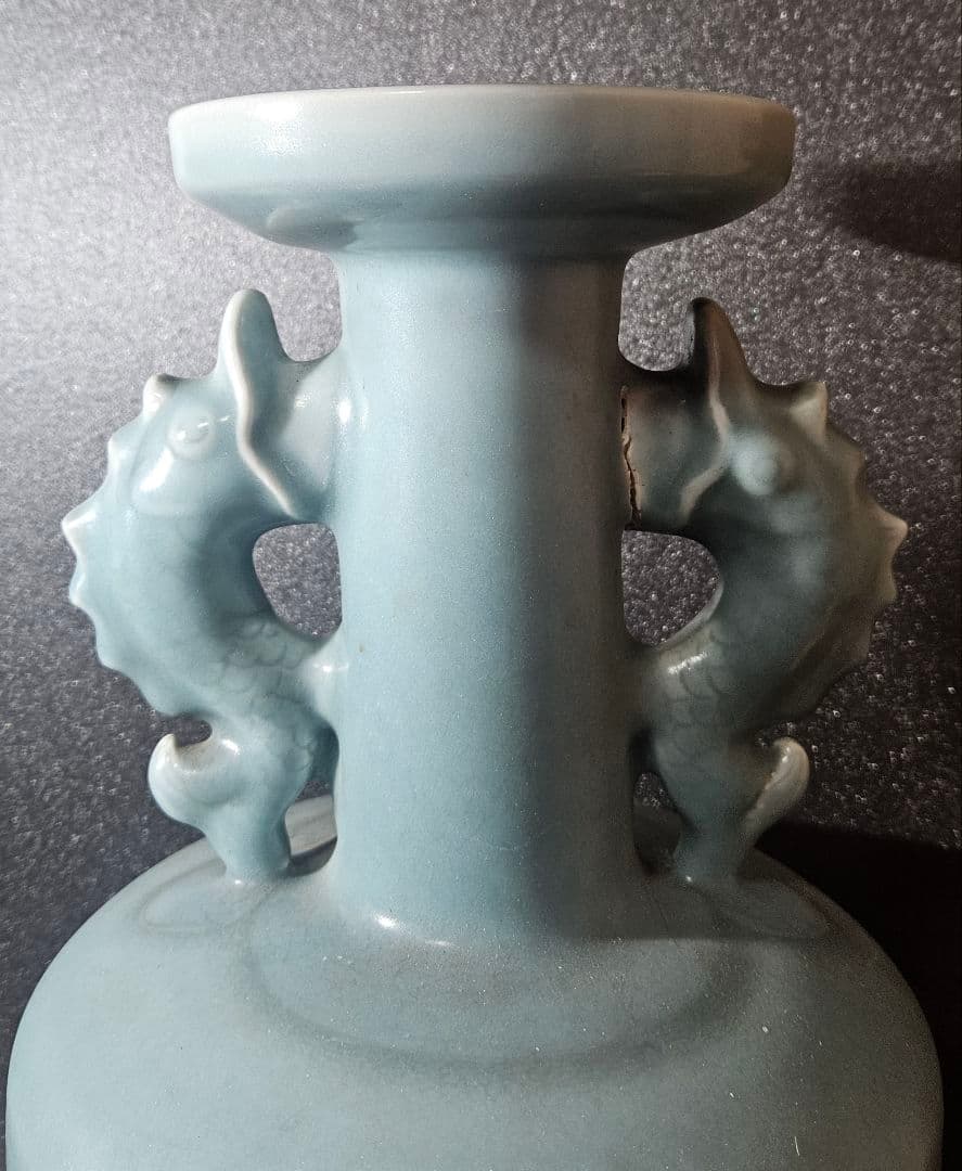 中国古美術　中国古陶磁器　鈞窯系　汝窯系　天青釉　双魚耳　大瓶　花入　オブジェ