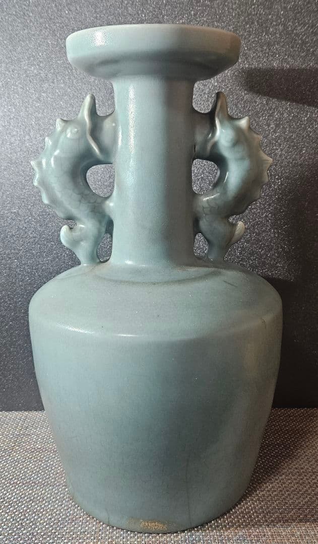 中国古美術　中国古陶磁器　鈞窯系　汝窯系　天青釉　双魚耳　大瓶　花入　オブジェ