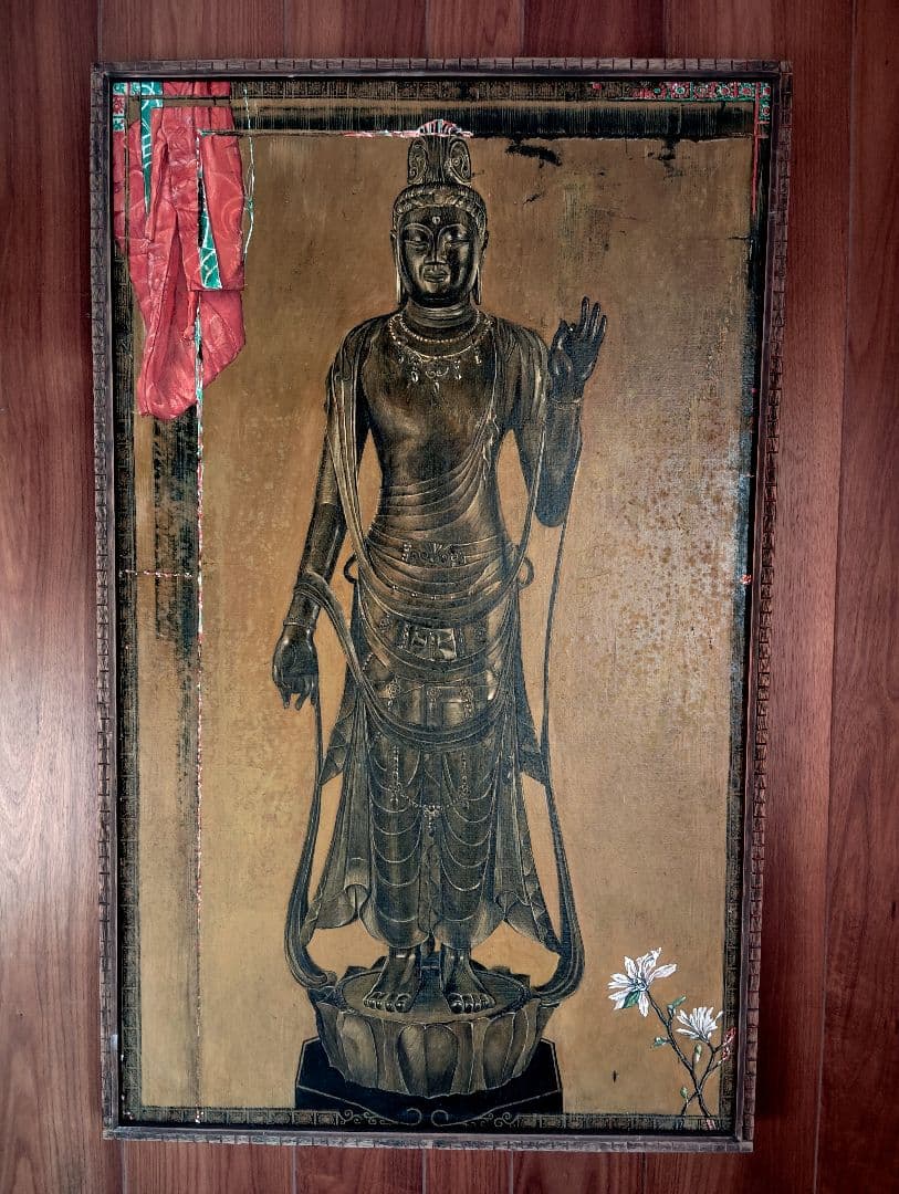 67x112cm大型 油彩画観音様キャンパス手描き原画美術展出品作品真作