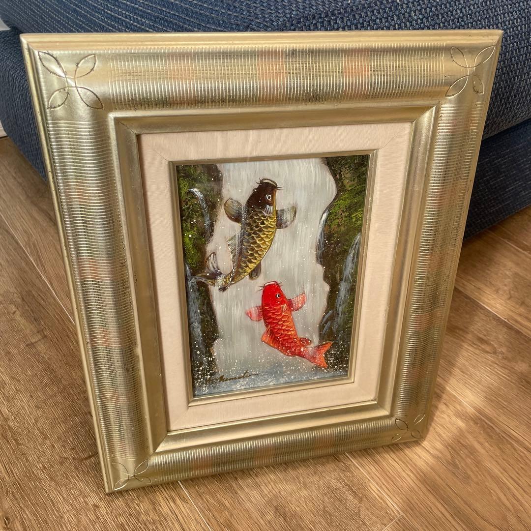鯉の滝登り　根本篤　額縁付き　油絵　絵　絵画