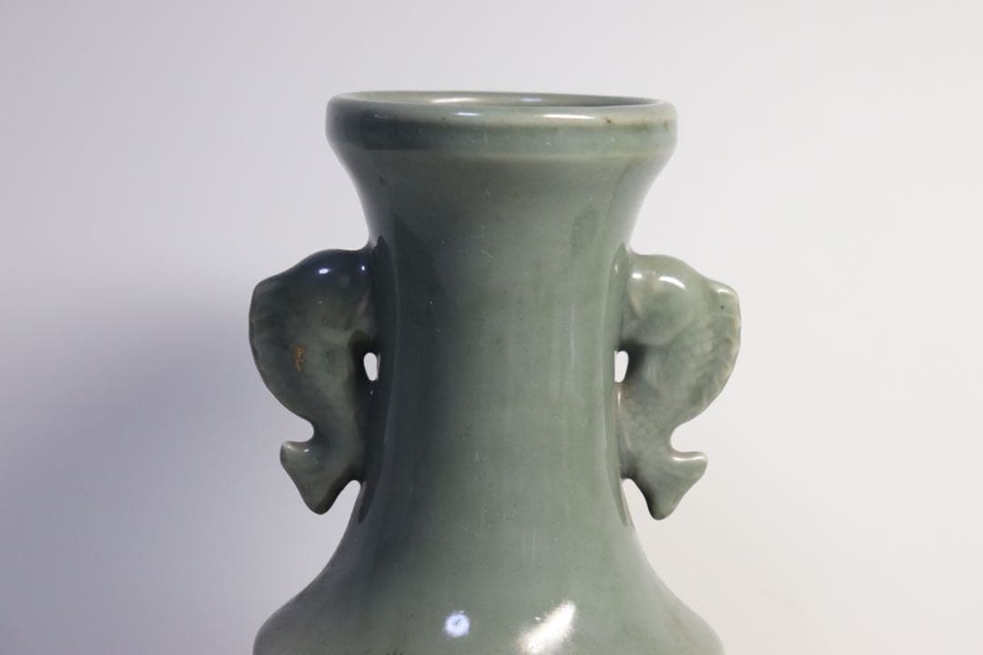 青磁　双魚耳瓶　送料込み0612