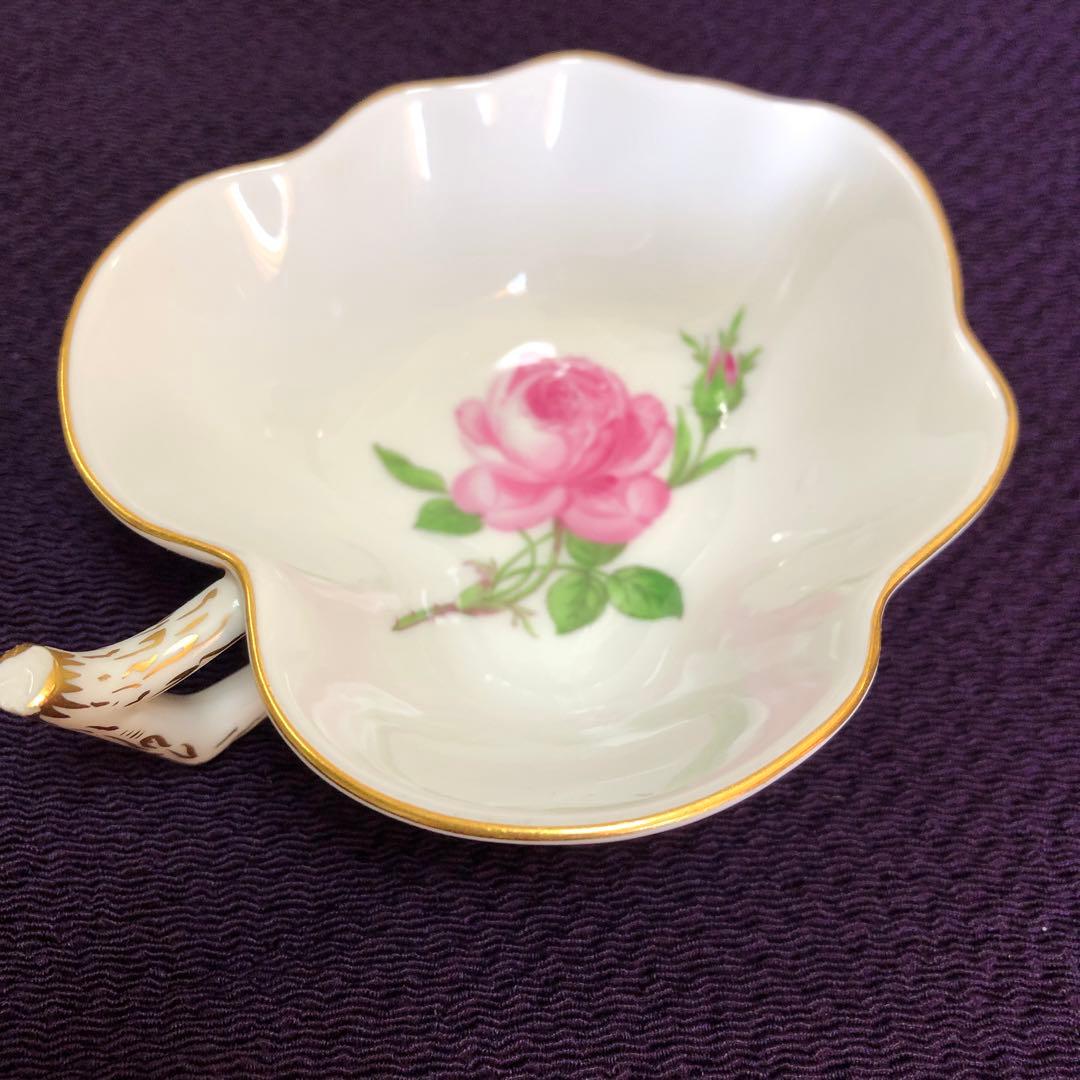 マイセン　リーフ型小皿　ピンクの薔薇の絵