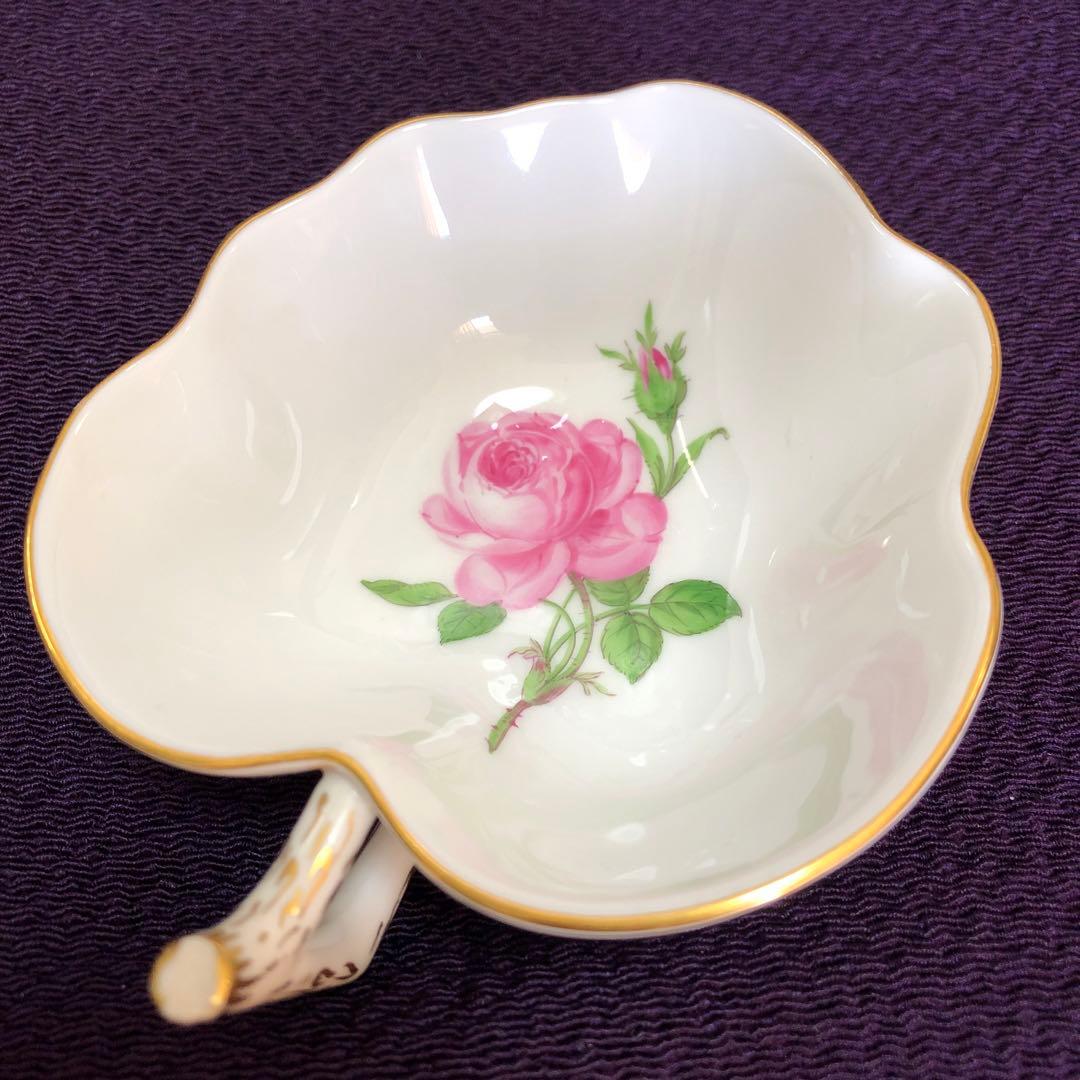 マイセン　リーフ型小皿　ピンクの薔薇の絵