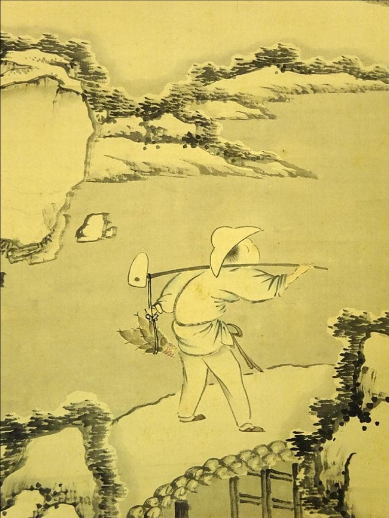 掛軸 洛陽山人宝斉『雪景之図 冬景山水』絹本 肉筆 共箱付 掛け軸 a11127