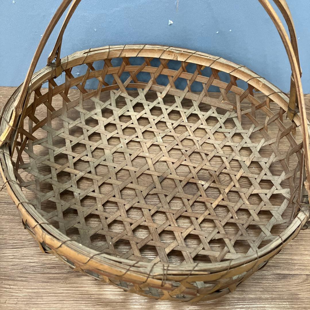 B-壁 昭和レトロ 竹細工 六つ目編み 持ち手付き 竹籠 収穫籠 古道具