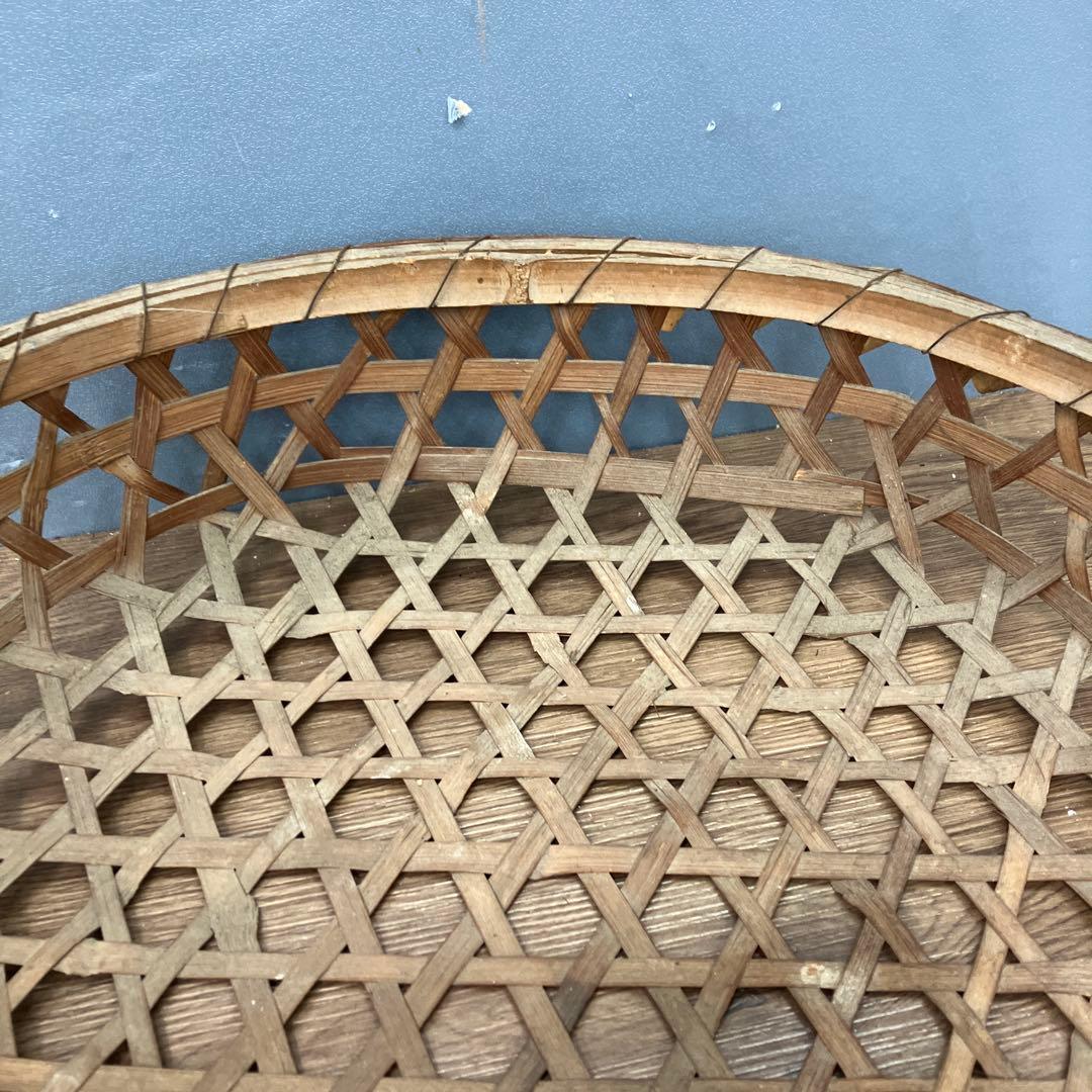 B-壁 昭和レトロ 竹細工 六つ目編み 持ち手付き 竹籠 収穫籠 古道具