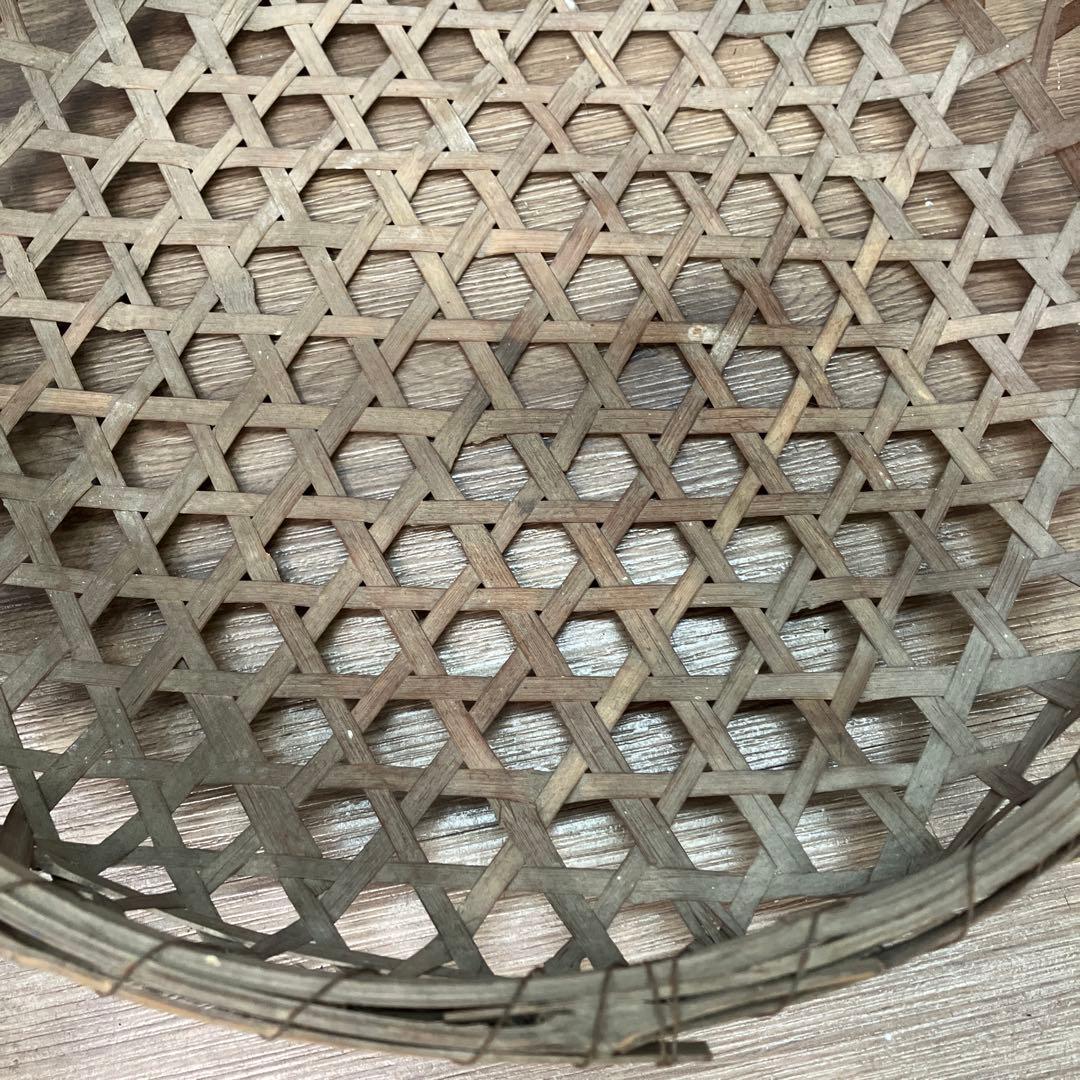 B-壁 昭和レトロ 竹細工 六つ目編み 持ち手付き 竹籠 収穫籠 古道具