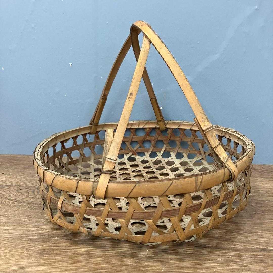 B-壁 昭和レトロ 竹細工 六つ目編み 持ち手付き 竹籠 収穫籠 古道具