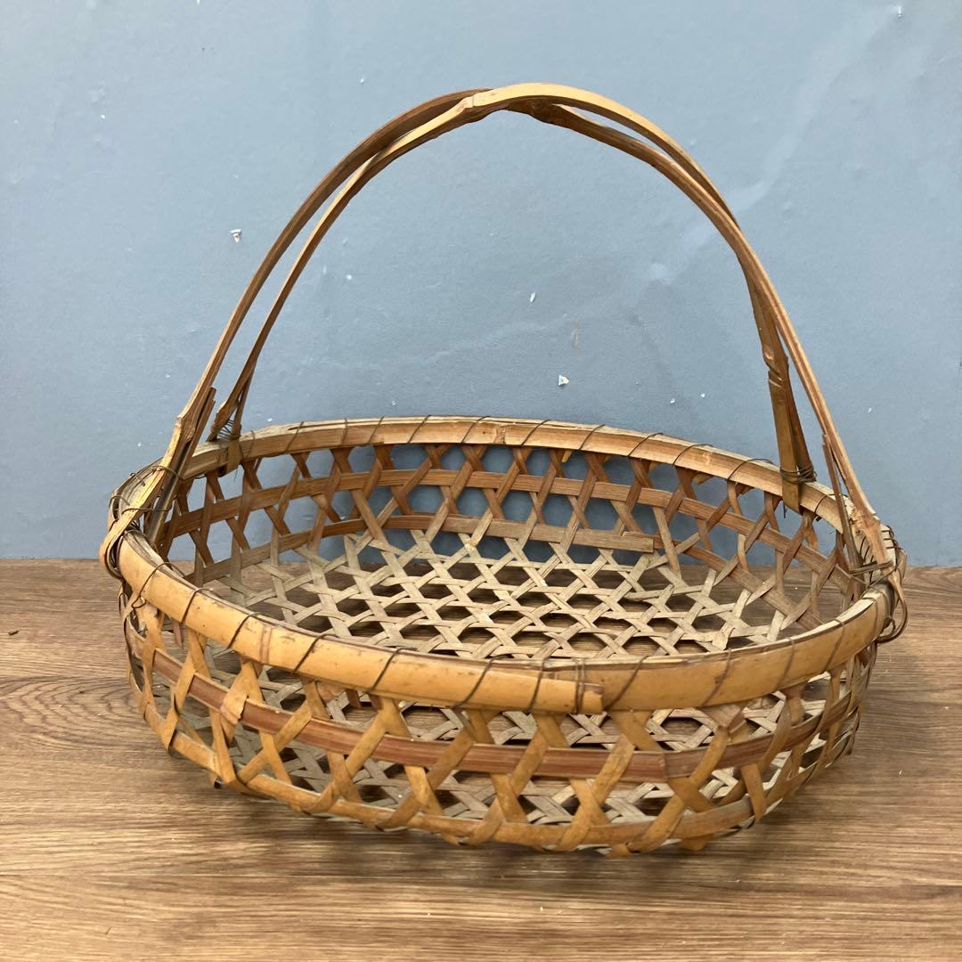 B-壁 昭和レトロ 竹細工 六つ目編み 持ち手付き 竹籠 収穫籠 古道具