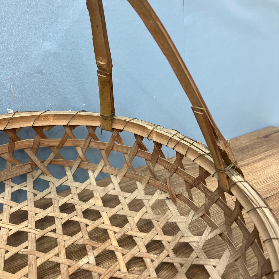 B-壁 昭和レトロ 竹細工 六つ目編み 持ち手付き 竹籠 収穫籠 古道具