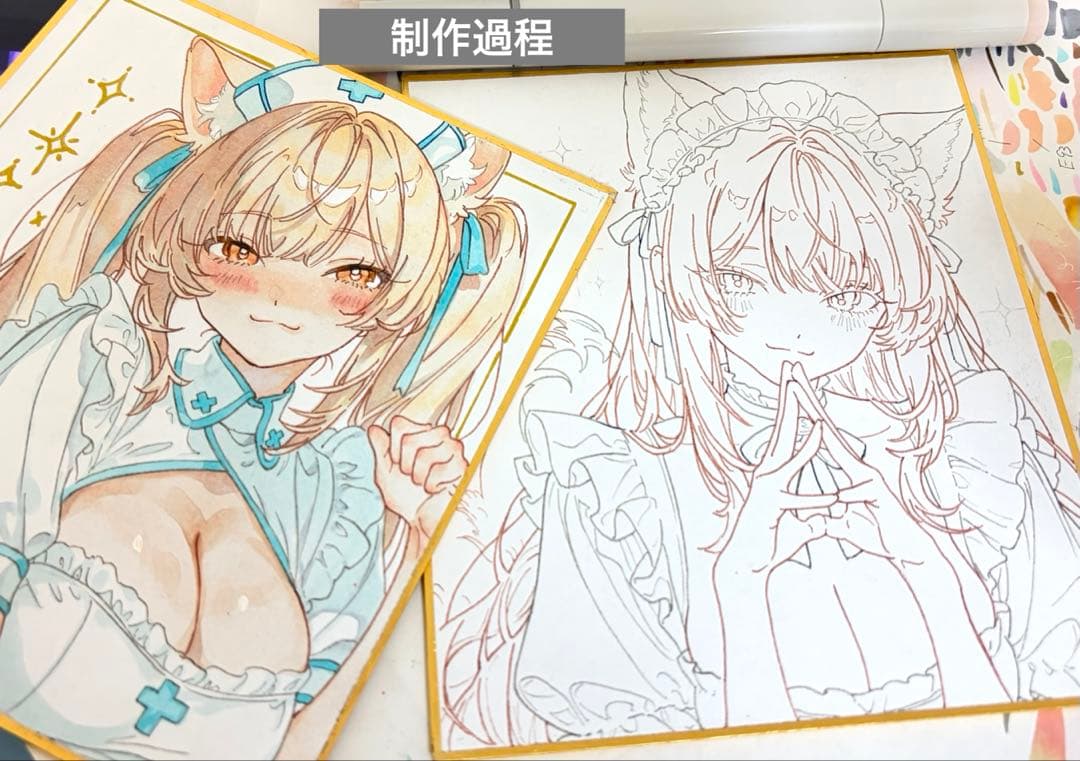 ゆ*】様 【一点物】色紙イラスト 直筆 手描き アナログイラスト