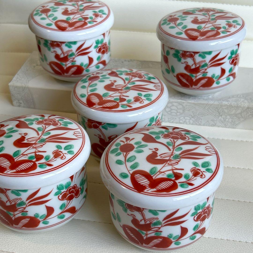 たち吉　赤絵花鳥　蓋付き碗揃　5客セット　茶碗蒸し碗　飯器　小丼ぶり　色絵　正月