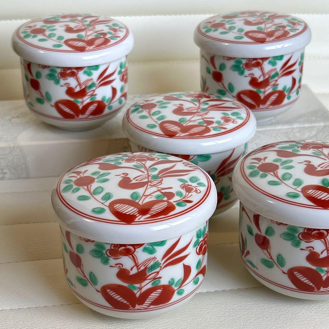 たち吉　赤絵花鳥　蓋付き碗揃　5客セット　茶碗蒸し碗　飯器　小丼ぶり　色絵　正月