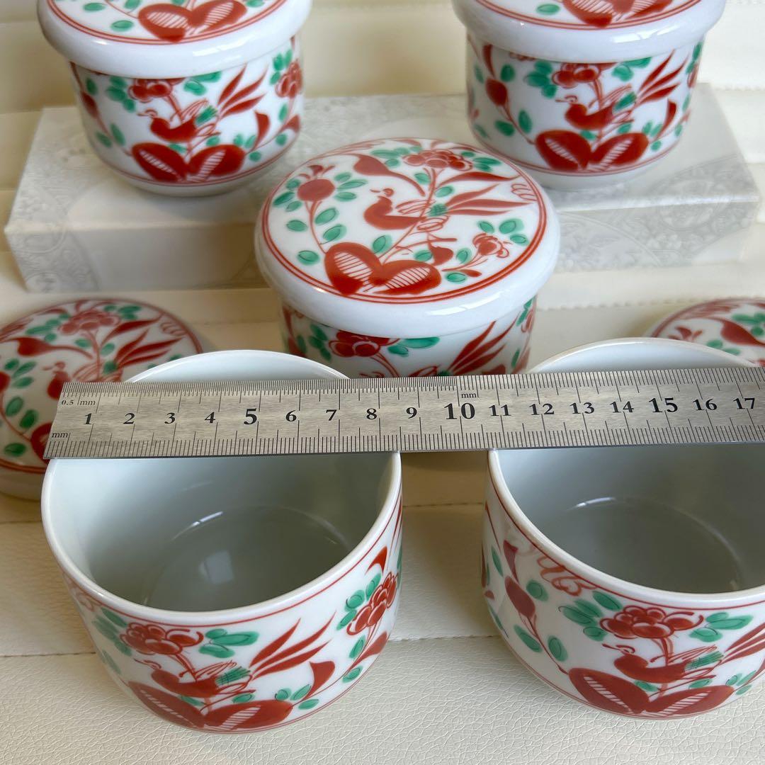 たち吉　赤絵花鳥　蓋付き碗揃　5客セット　茶碗蒸し碗　飯器　小丼ぶり　色絵　正月