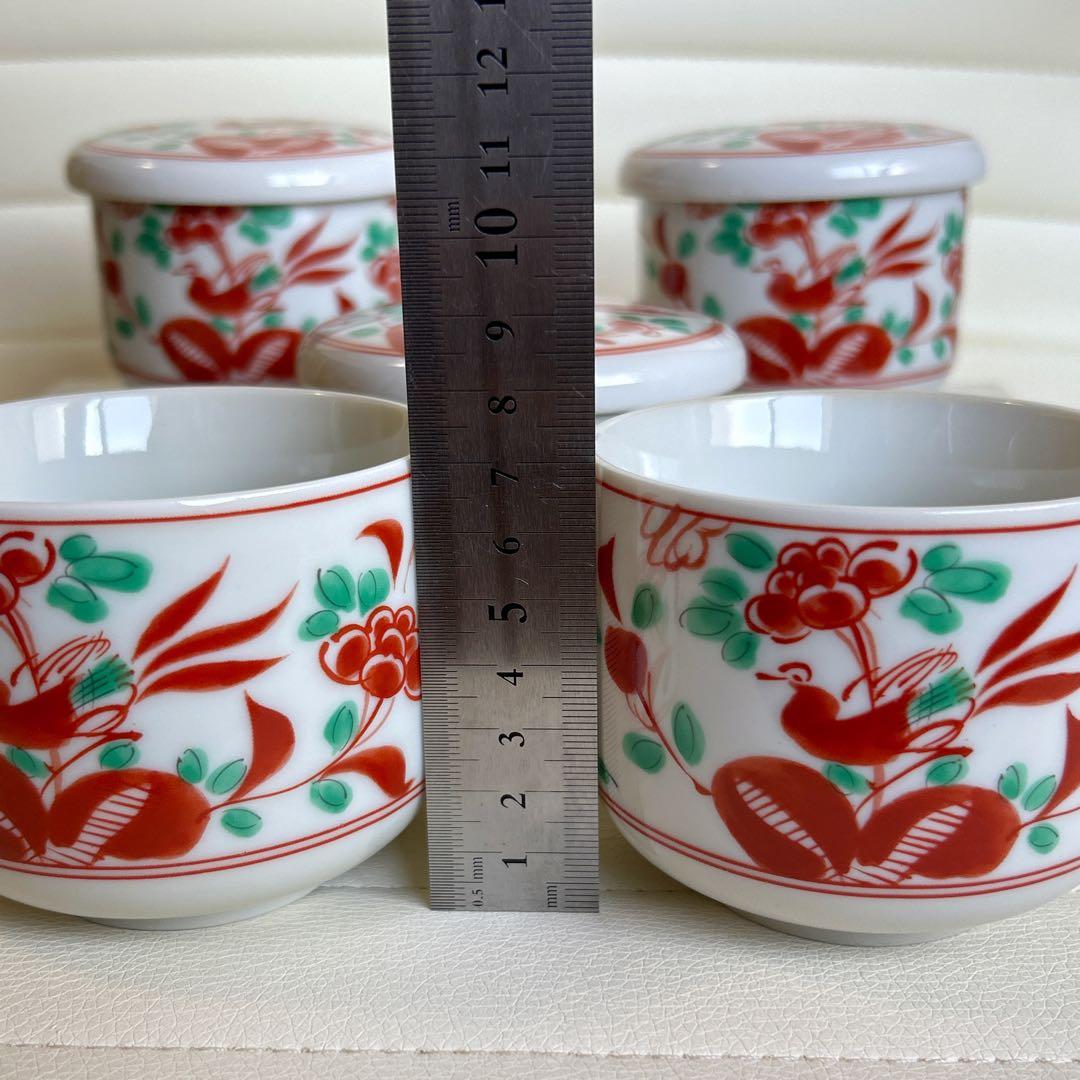 たち吉　赤絵花鳥　蓋付き碗揃　5客セット　茶碗蒸し碗　飯器　小丼ぶり　色絵　正月