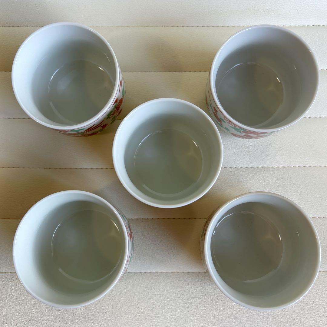 たち吉　赤絵花鳥　蓋付き碗揃　5客セット　茶碗蒸し碗　飯器　小丼ぶり　色絵　正月