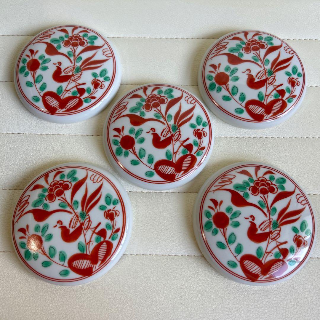 たち吉　赤絵花鳥　蓋付き碗揃　5客セット　茶碗蒸し碗　飯器　小丼ぶり　色絵　正月