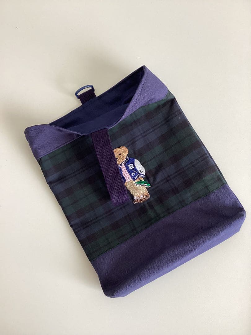 タータンチェックのテディベア刺繍①柄⭐︎手提げトート・体操服袋・上履き入れ