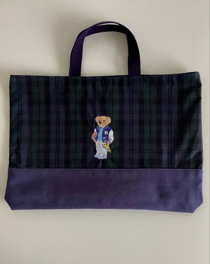 タータンチェックのテディベア刺繍①柄⭐︎手提げトート・体操服袋・上履き入れ