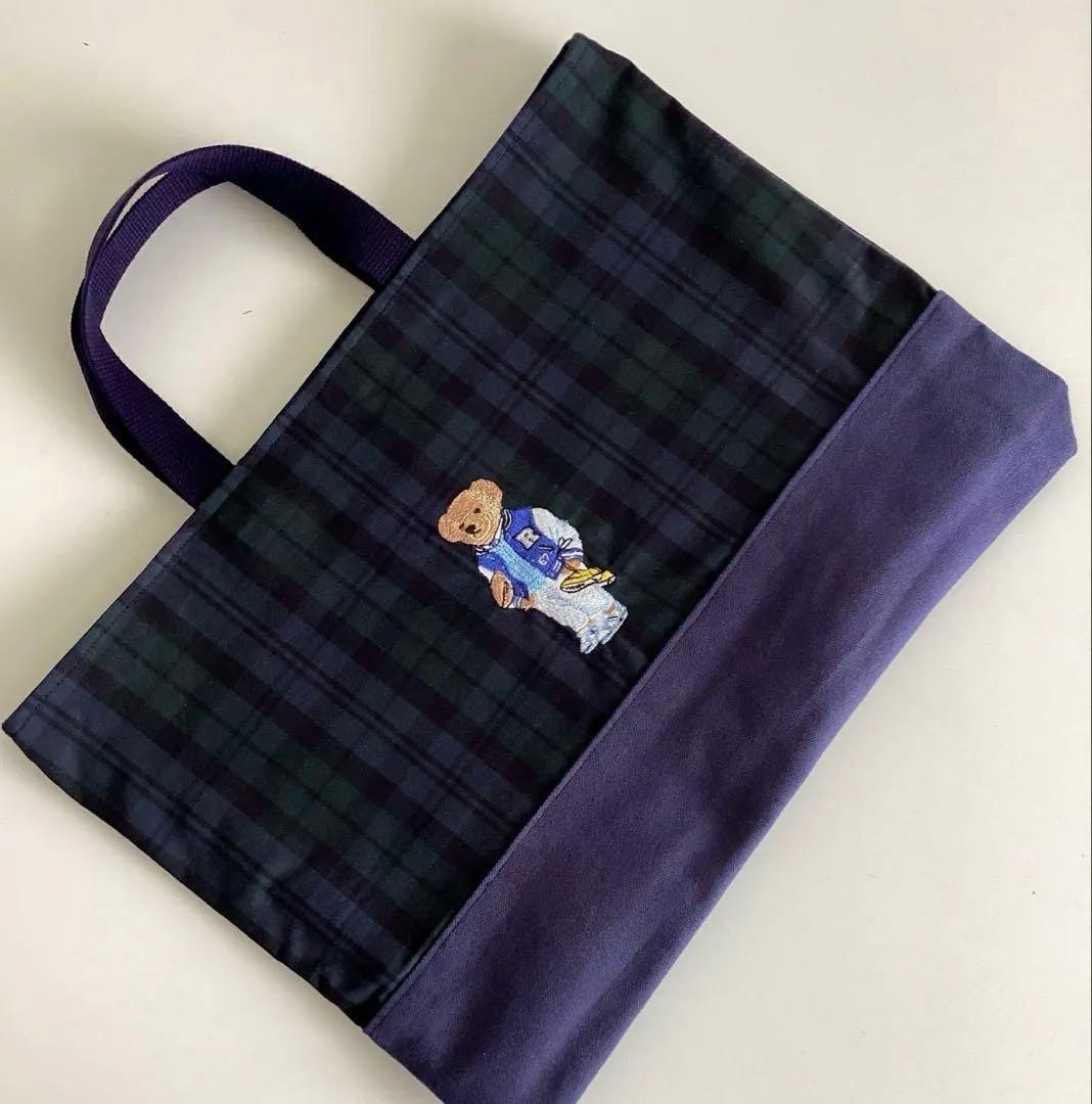 タータンチェックのテディベア刺繍①柄⭐︎手提げトート・体操服袋・上履き入れ