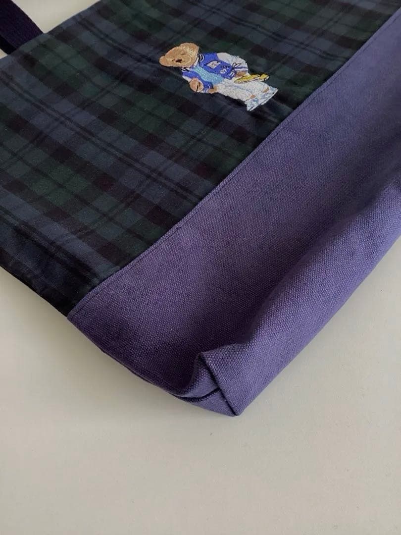 タータンチェックのテディベア刺繍①柄⭐︎手提げトート・体操服袋・上履き入れ