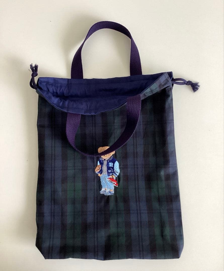 タータンチェックのテディベア刺繍①柄⭐︎手提げトート・体操服袋・上履き入れ