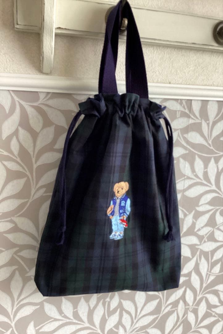 タータンチェックのテディベア刺繍①柄⭐︎手提げトート・体操服袋・上履き入れ